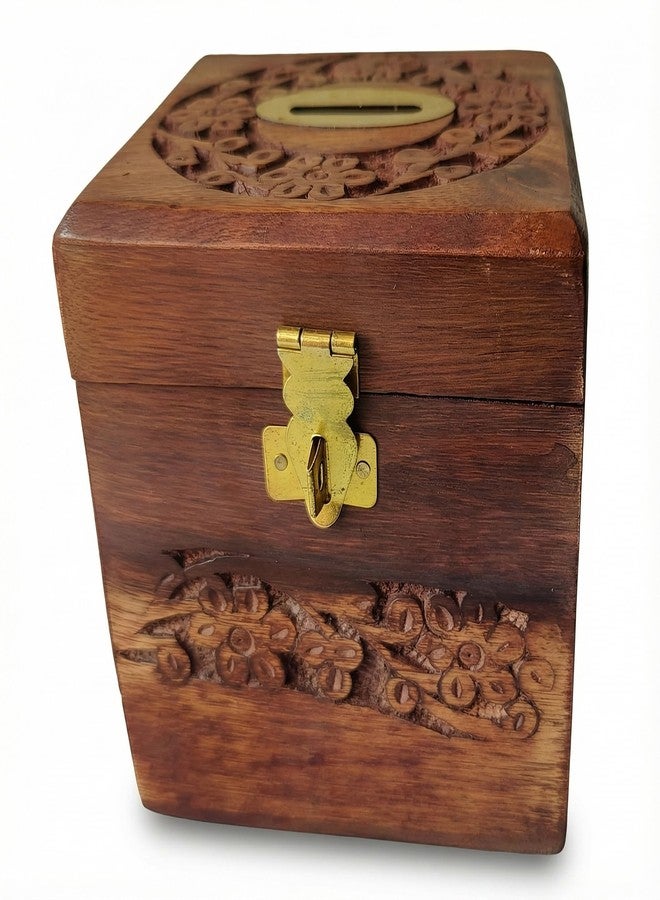GURU JEE™ Indian Hand-Carved Wooden Coin Box Money Bank Piggy Bank Floral Design Carving Keepsake Savings Bank Wooden Gifts for Kids and Adults - Image 4